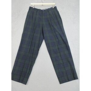 LL Bean Plaid Dress Pants Mens Large Blue Green Tartan Pleated Classic Preppy